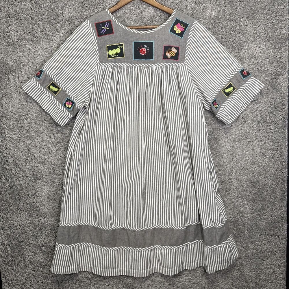 Vintage Mumu Night Gown House Dress Embroidered Bugs Gray Striped Flowy Pockets